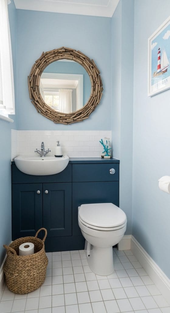 small coastal toilet white tiles on floor with wooden mirror and navy vanity