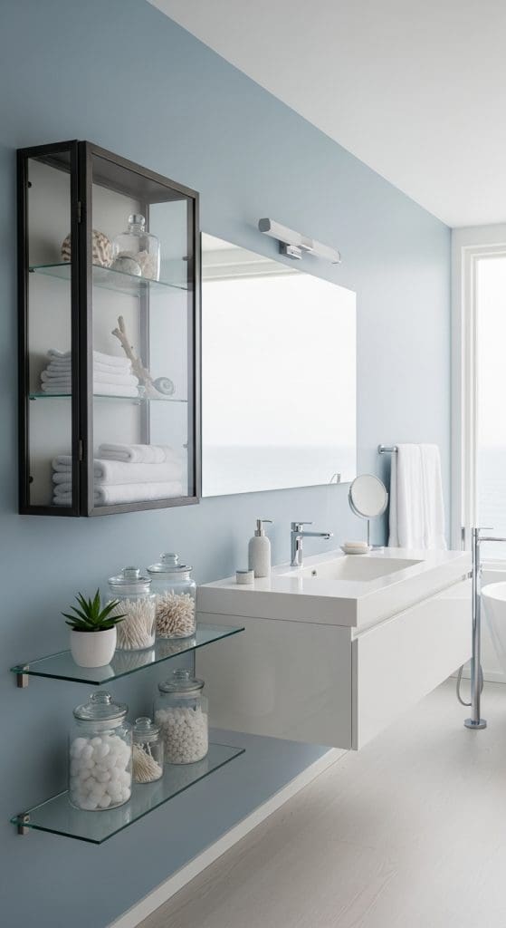 Blue and white bathroom with glass shelves