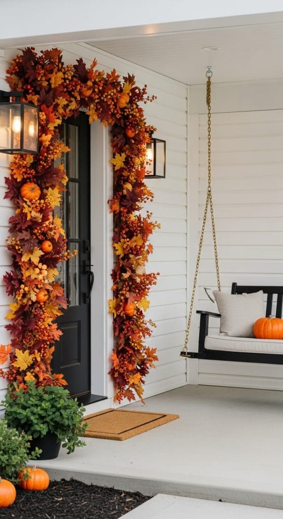 autumn leaf garland around the front door of a modern home