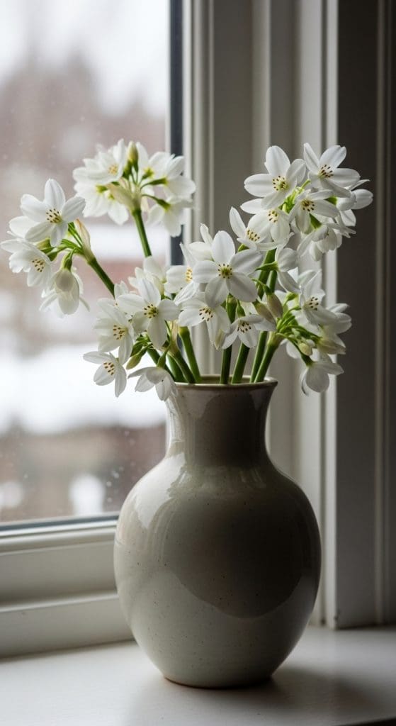 paperwhites in a green ceramic glossy vase on a windowsill
