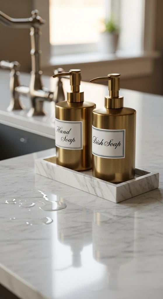 marble soap tray with gold soap dispensers