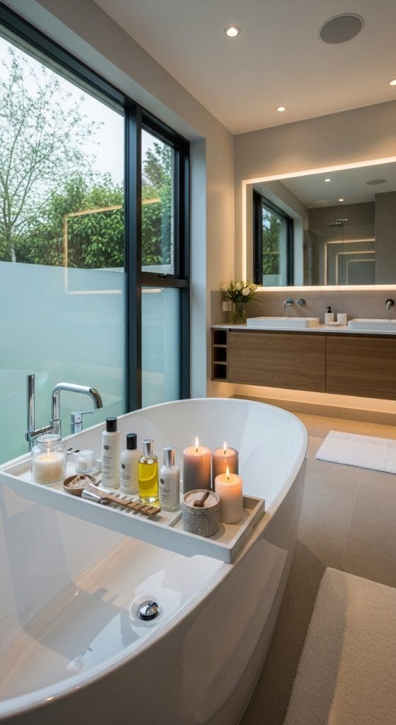 bath tray with candle, soaps and perfumes