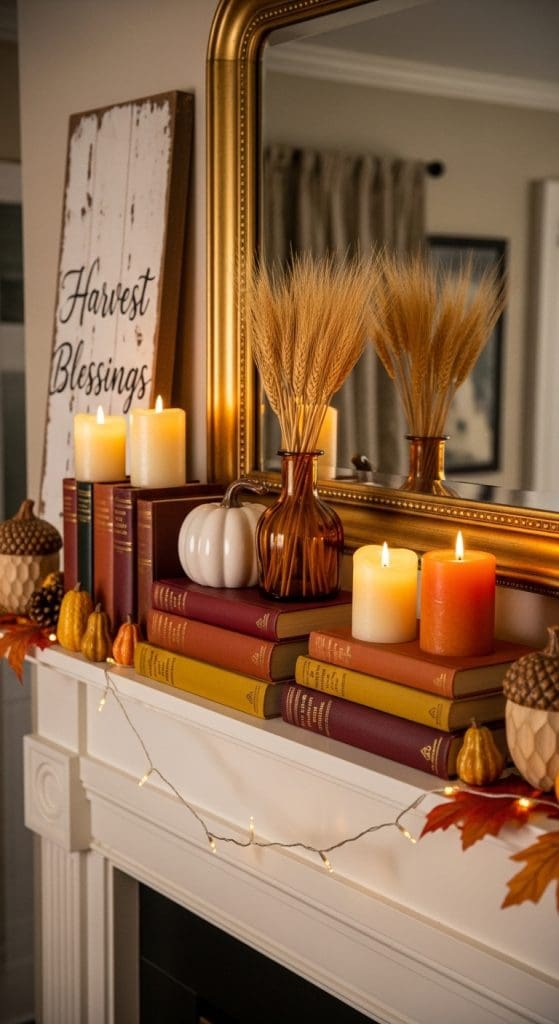 vintage style books uses as stacking points for candles and vases