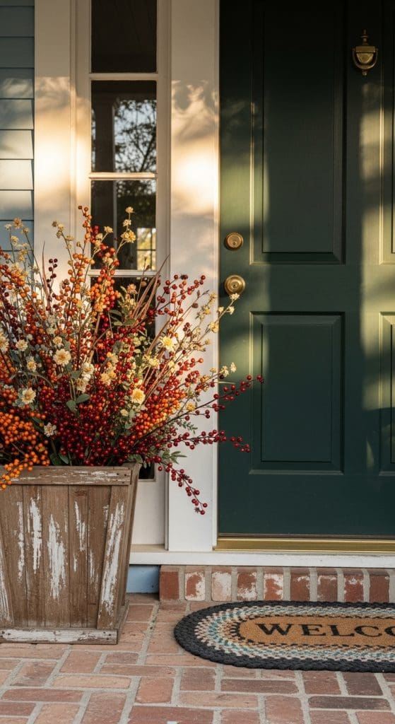 tall rustic planter with dried berries and dried floral twigs mixed together 