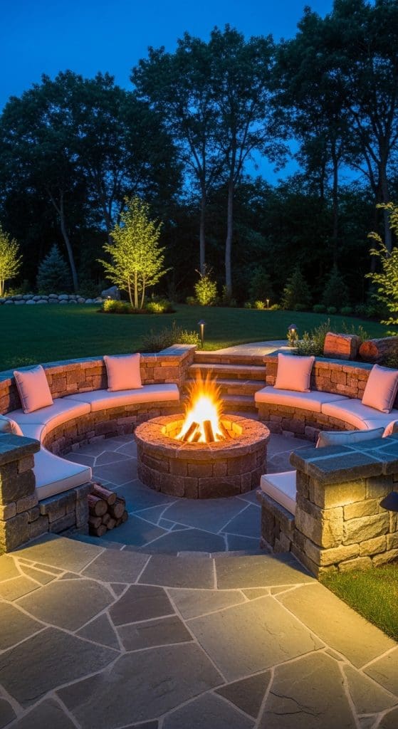 sunken firepit in a backyard with curved seating and white pillows Bonfire Pit Ideas