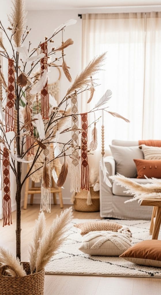 Minimal tree in the living room decorated with featers and macrame ribbons
