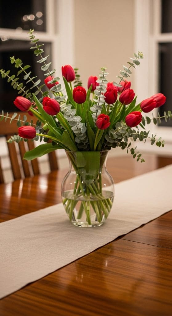 Red tulips and silver eucalyptus in a round glass vase on a dining room table 