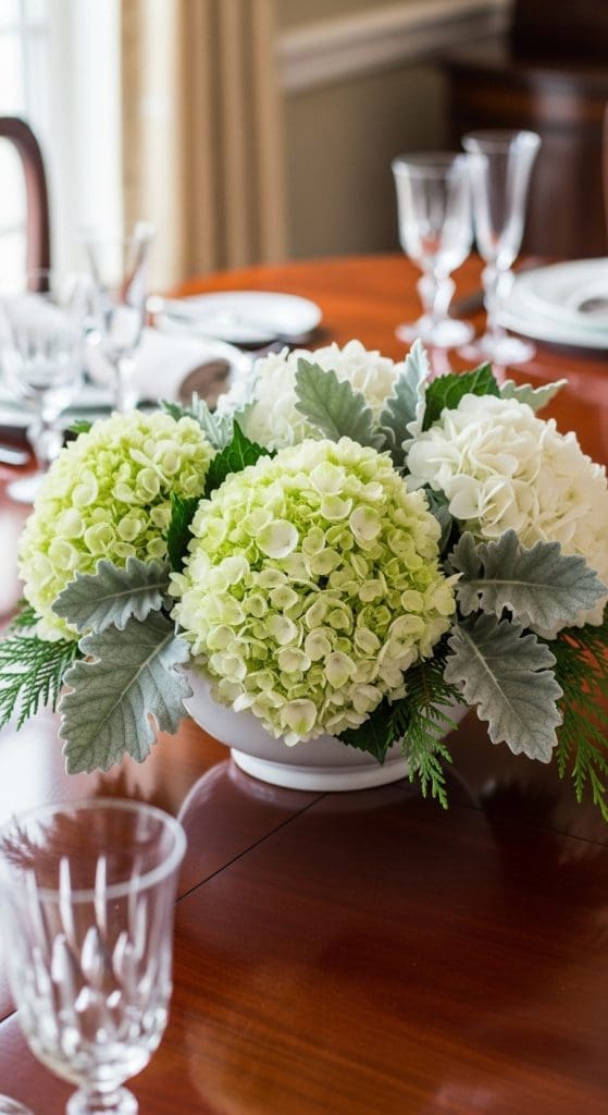 Hydrangeas on dining room table in shallow vase Winter Flower Arrangement