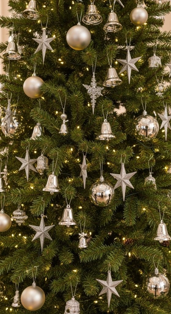 christmas tree with silver stars and bells