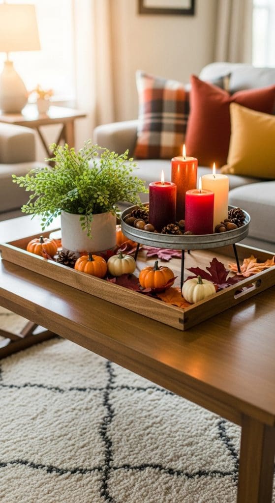 stacked trays for depth on a Rectangle Coffee Table with red candles and plants