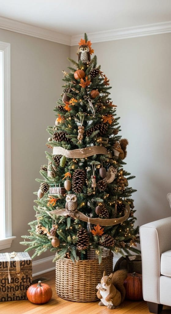 evergreen tree with pinecones, owls and squirrel decor