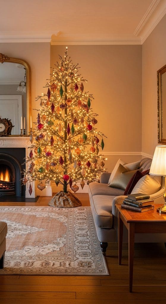 bare tree decorated with fairy lights and metallic ornaments in burgandy and green