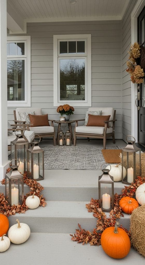 Lanterns on a fall decorated modern front pitch with orange pumpkins 