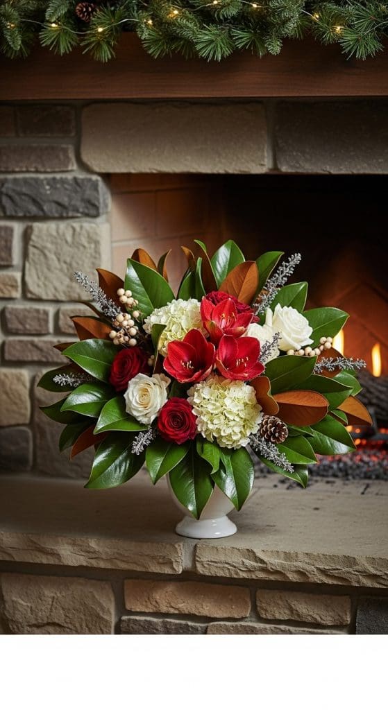 Magnolia leaves and seasonal blooms with pinecones in a white vase near fireplace