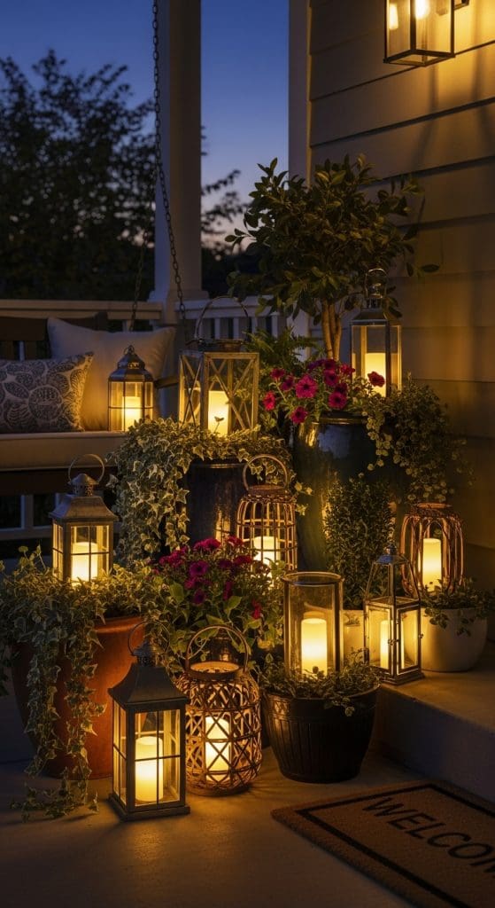 lanterns next to planters on front porch 