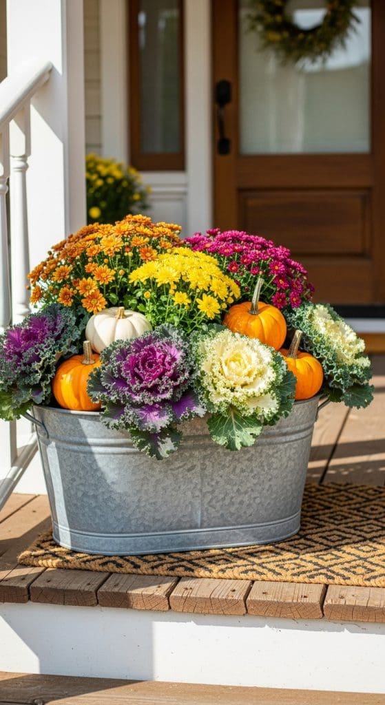 galvanized bucket full of fall flowers and mini pumpkins