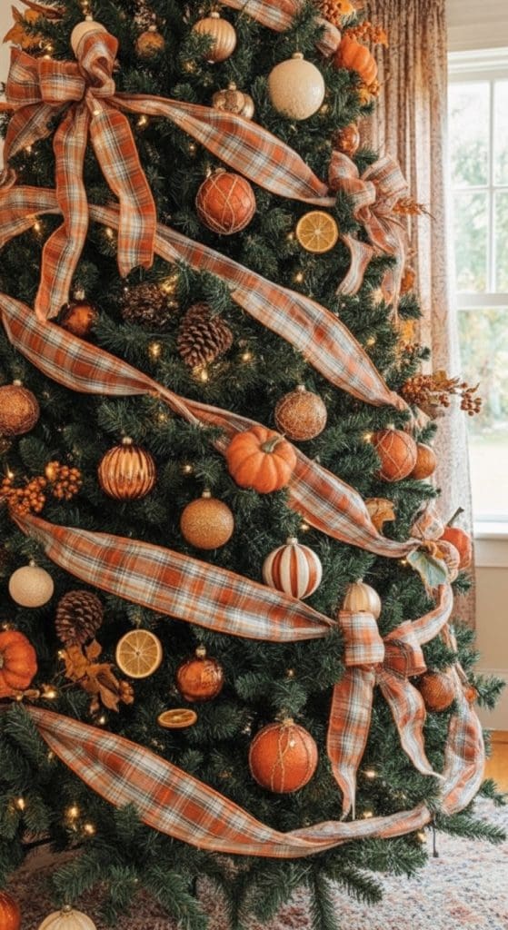 green tree decorated with burlap ribbon, orange ornaments and small pumpkins