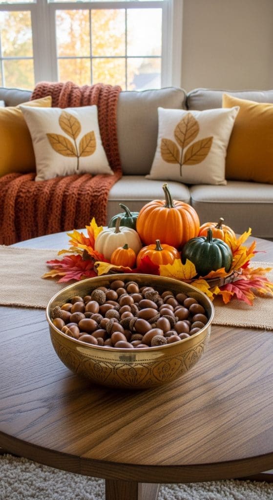 brass bowl on a round coffee table filled with acorns