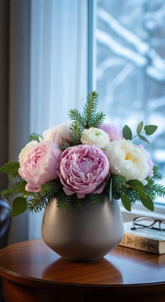 White and pink Peonies mixed with evergreen stems on a windowsill