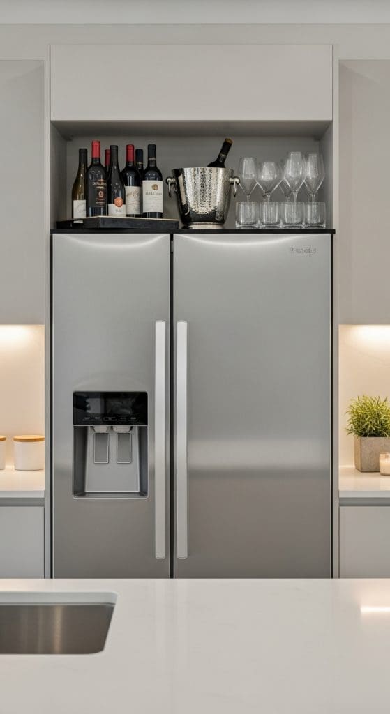 wine bottles and wine glasses on top of fridge