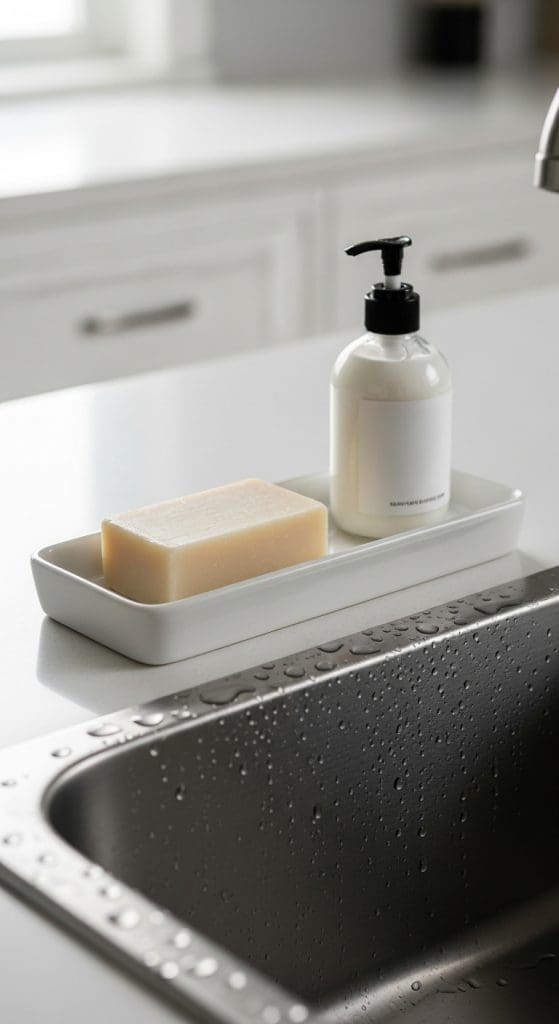 ceramic white dish with soap bar and lotion