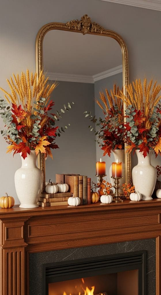 two white ceramic vases on mantle with fall florals and white pumpkins