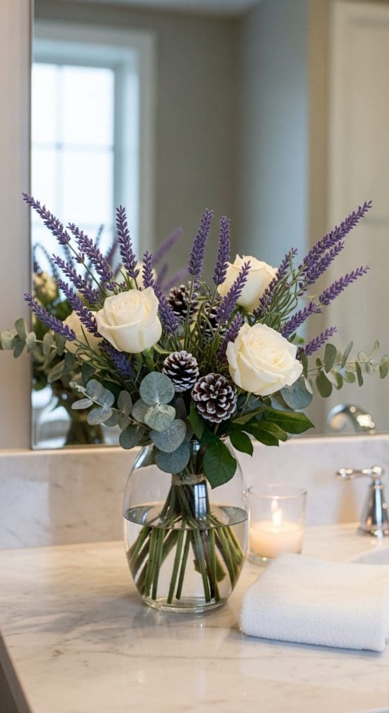 lavender, white roses and pinecones in a glass vase on bathroom unit
