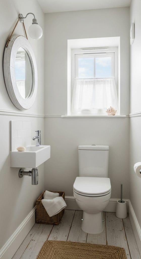 small coastal toilet in minimal white decor with distressed elements