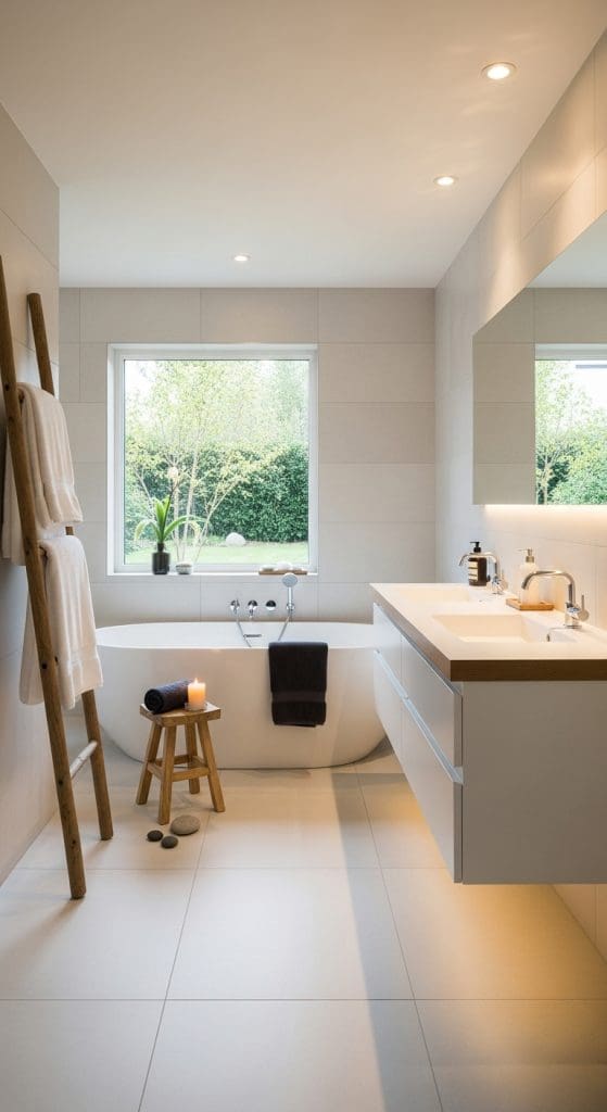 soft plush towels hanging from ladder in a luxury bathroom