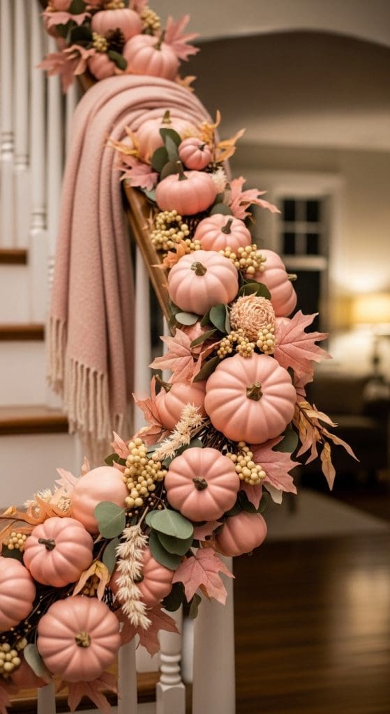 pink garland with pink pumpkins over a bannister 
