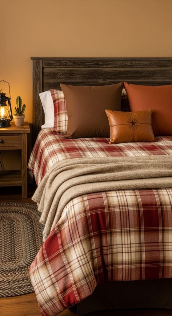 Plaid red and white blankets and taupe throw on rustic bed