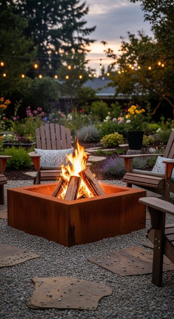 rust old style firepit for bonfires with wooden deck chairs in a backyard