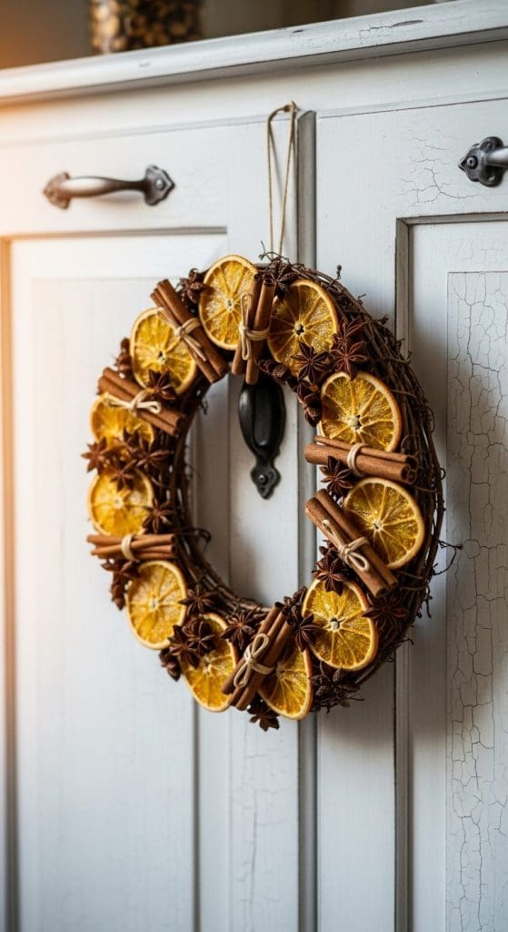 wooden wreath hanging from kitchen cabinets with citrus and cinnamon