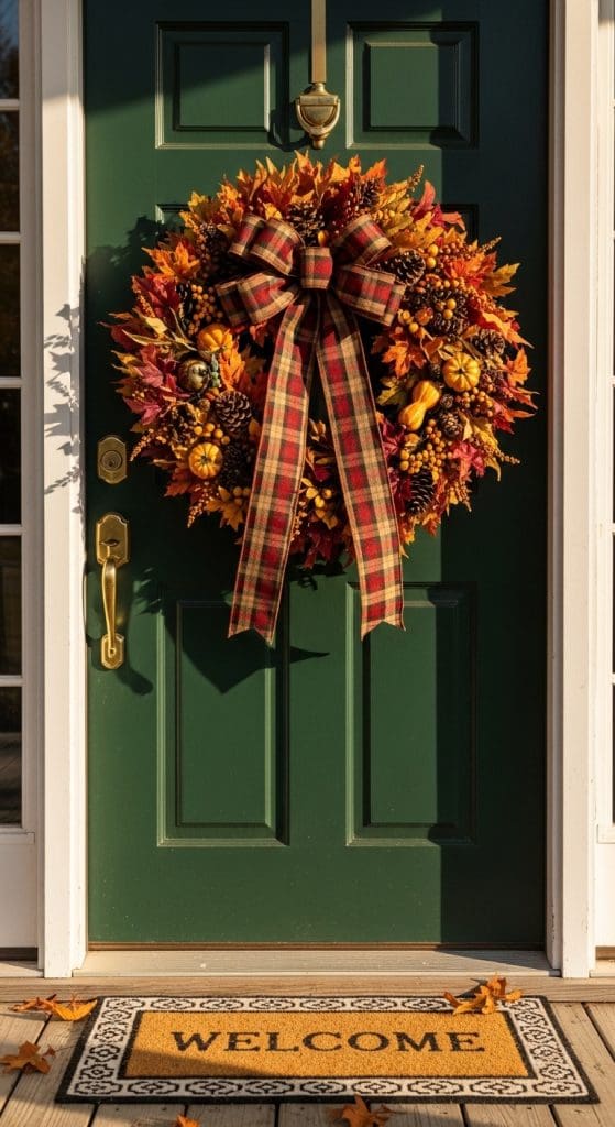 plaid ribbon wreath with acorns, pinecones and leaves