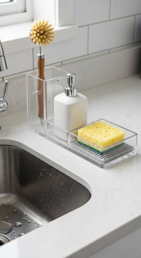 Acrylic tiered and compartment set up for kitchen sink accessories