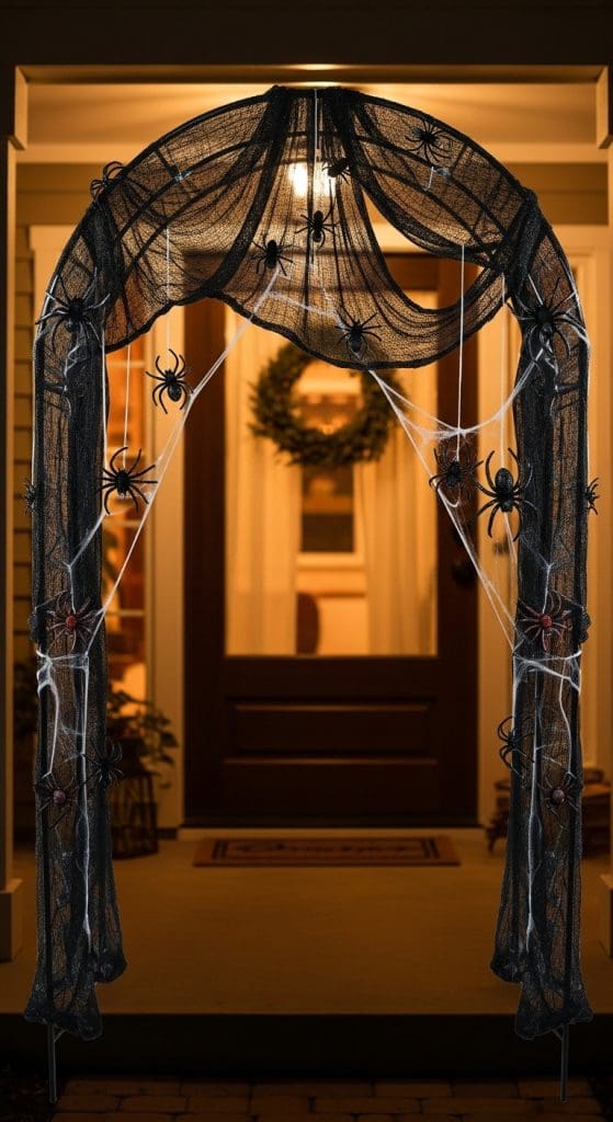 black lace and spider archway at the front of a home