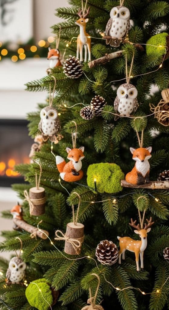 christmas tree with woodlnad creatures hung from branches
