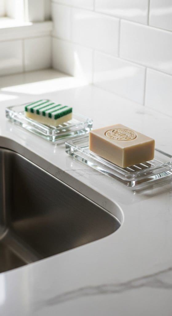 ridged glass soap trays with soap bar and sponge on kitchen sink