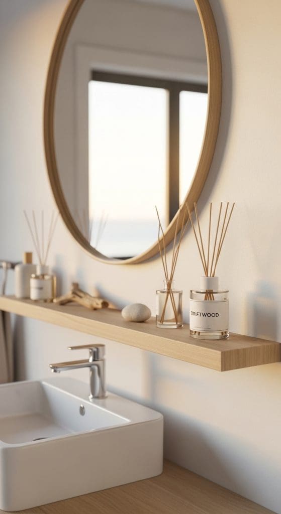 diffuser on open shelf in coastal bathroom