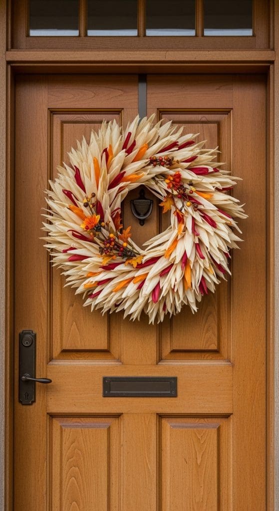 wreath made of corn husks and fall leaves on a wooden front door