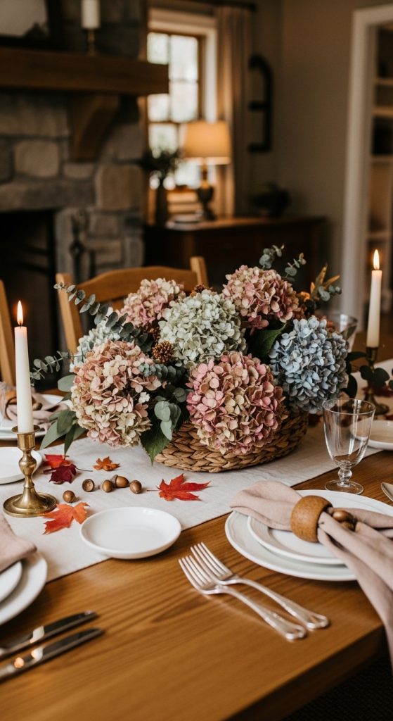 dried hydrangea in a wicker basket on a rustic table for fall