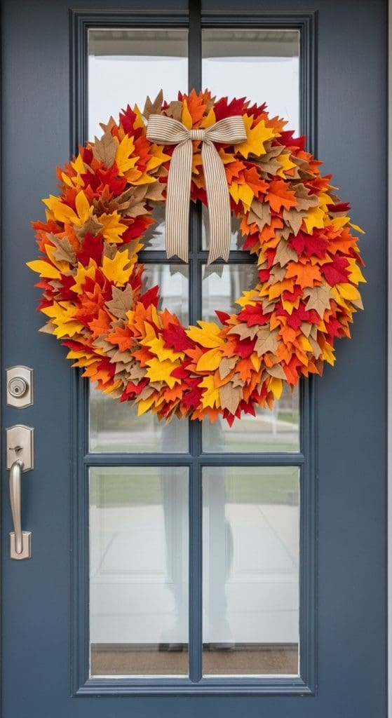 felt leaf wreath on a front door with a burlap bow