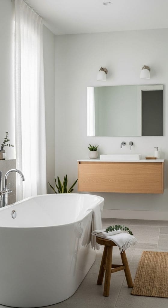 white freestanding bath in a coastal bathroom