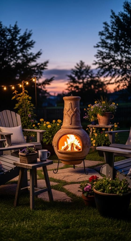 portable chimney bonfire in backyard