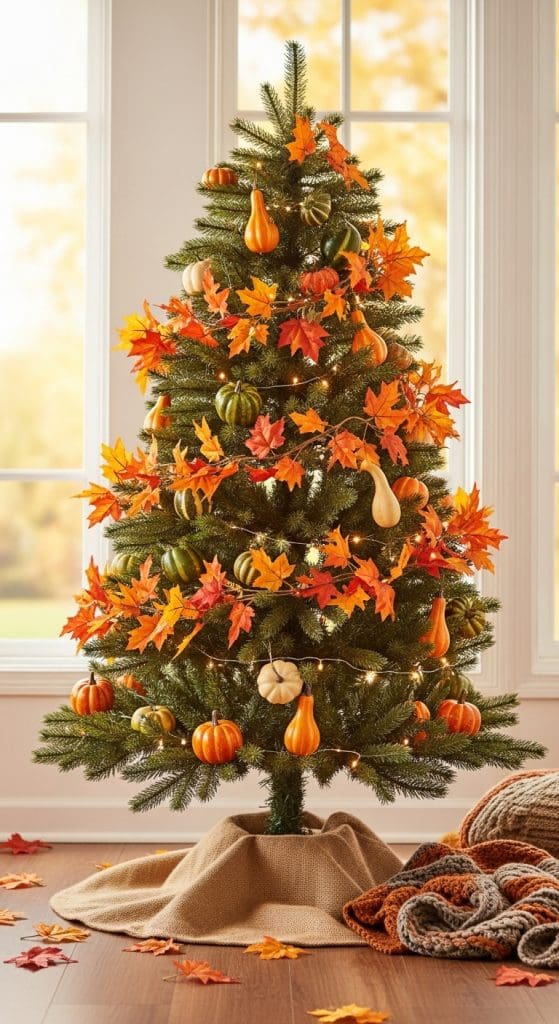 evergreen tree wrapped in autumn leaf garland with mini pumpkins 