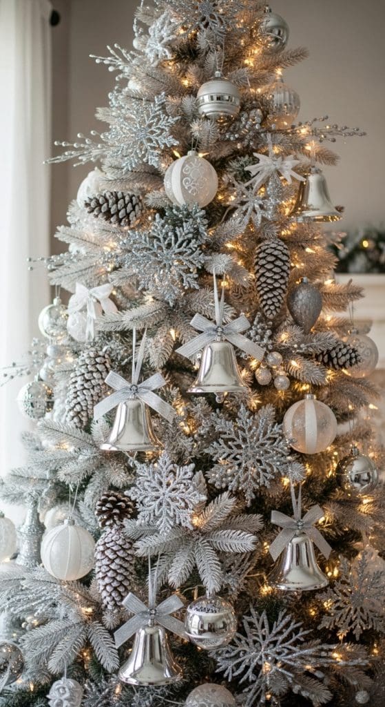 christmas tree decorated in winter wonderland theme 