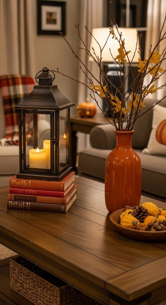 large lanterns with a candle, orange vase with wooden branches and wood bowl with seasonal decor
