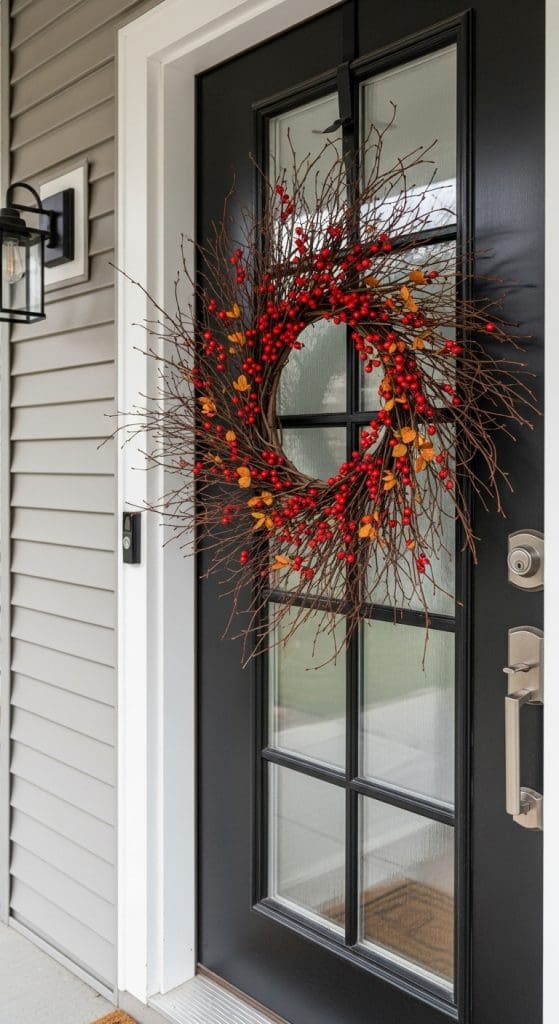 simple twig and berry fall wreath on a black front door