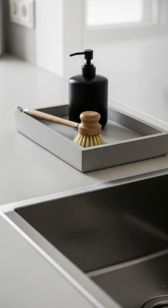 Concrete tray with brush and black soap dispenser next to kitchen sink