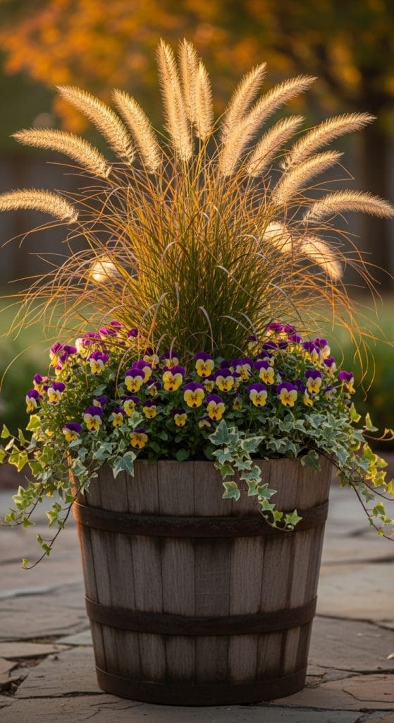 tall grass mixed in with pansies in a fall style planter 